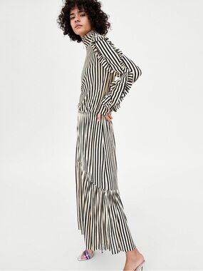 Zara High Neck Ruffle Long Sleeve Striped Maxi Dress Size Small